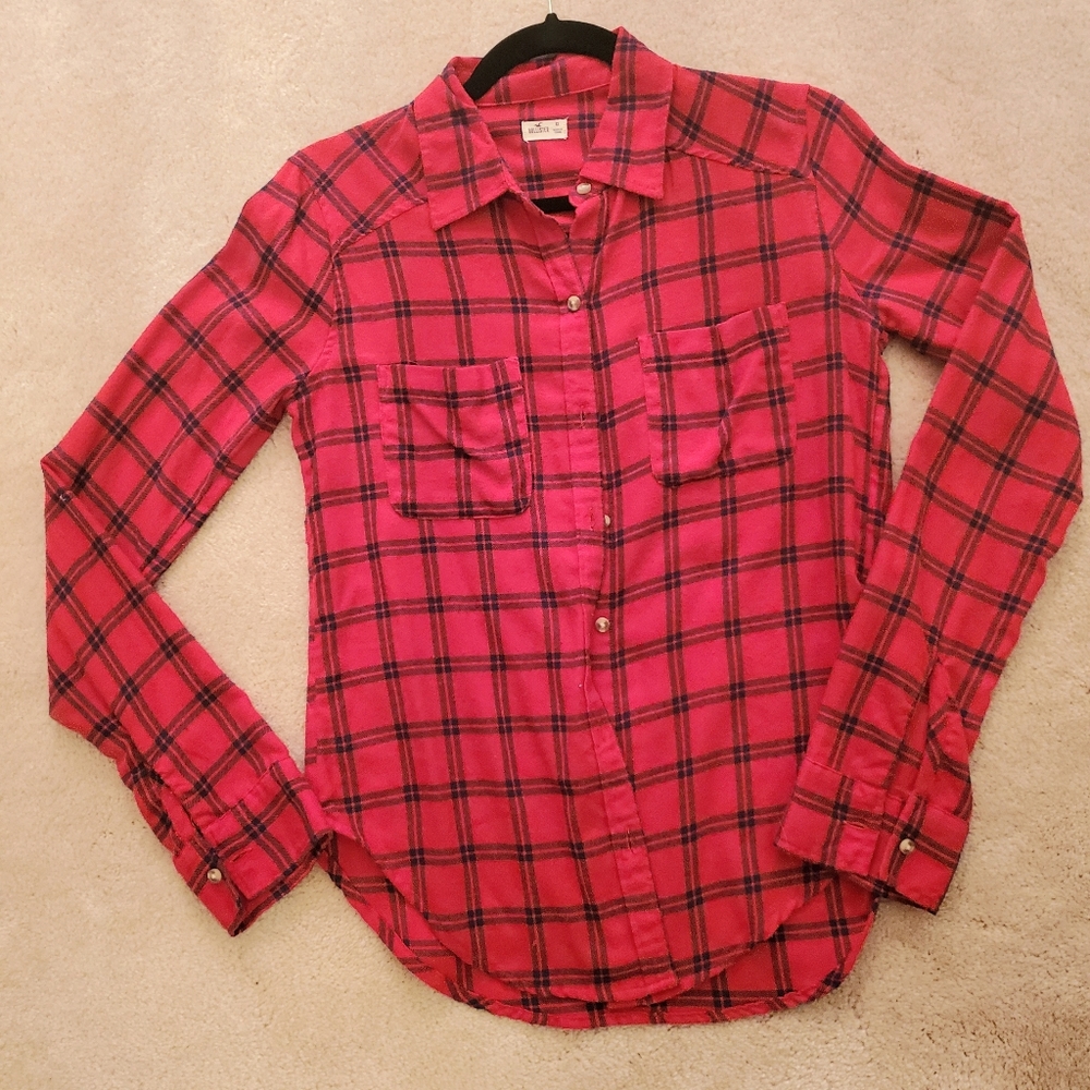 Red and Navy Plaid Button Up